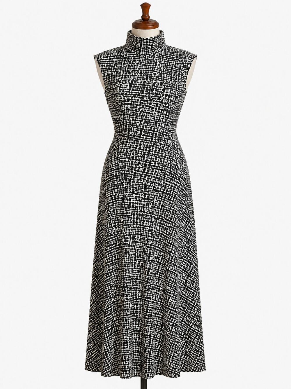 Diane von Furstenberg Black White Silk Mock Neck Midi Dress Women's 6 Sleeveless